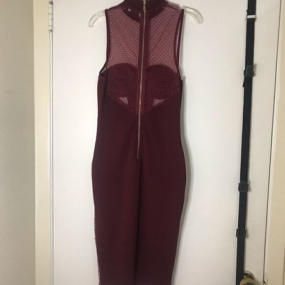 Privy Burgundy Red Sheer Mock Neck Bodycon Dress - Picture 6 of 7